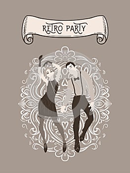 Retro party card, man and woman dressed in 1920s style dancing, flapper girls handsome guy in vintage suit, twenties, vector