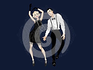 Retro party card, man and woman dressed in 1920s style dancing, flapper girls handsome guy in vintage suit, twenties, vector