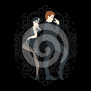 Retro party card, man and woman dressed in 1920s style dancing, flapper girls handsome guy in vintage suit, twenties, vector