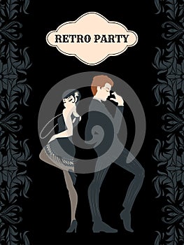 Retro party card, man and woman dressed in 1920s style dancing, flapper girls handsome guy in vintage suit, twenties, vector