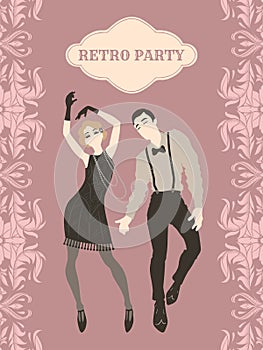 Retro party card, man and woman dressed in 1920s style dancing, flapper girls handsome guy in vintage suit, twenties, vector