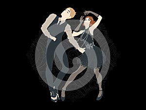 Retro party card, man and woman dressed in 1920s style dancing, flapper girls handsome guy in vintage suit, twenties, vector