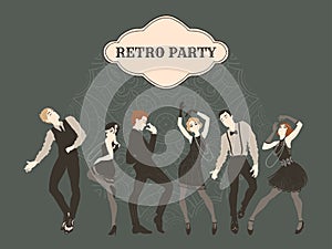 Retro party card, men and women dressed in 1920s style dancing, flapper girls, handsome guys in vintage suits, twenties, vector