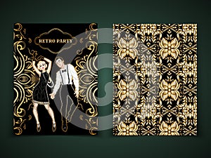 Retro party card template, man and woman dressed in 1920s style dancing, flapper girl, handsome guy, decorative pattern, vector