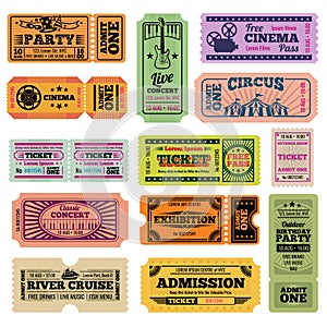 Retro party, cinema, movie and music event vector passing tickets set