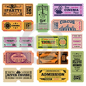 Retro party, cinema, movie and music event vector passing tickets set photo