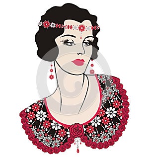 Retro party invitation design flapper girl (20's style). Ornate element pattern. Flower fashion print shine from brilliant