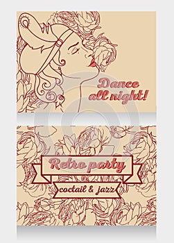 Retro party invitation design with sample text and beautiful flapper woman profile