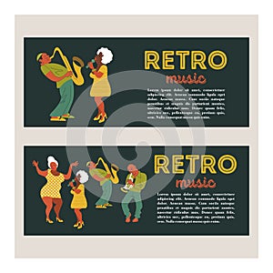 Retro party. Vector poster. Retro style illustration. Music and dance in retro style. Jazz musicians and dancers.