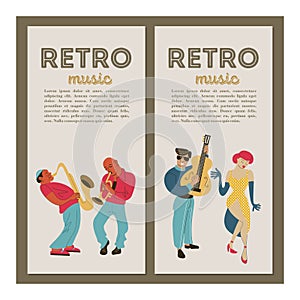 Retro party. Vector poster. Retro style illustration. Music and dance in retro style. Jazz musicians and dancers.