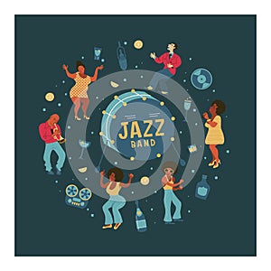 Retro party. Vector poster. Retro style illustration. Music and dance in retro style. Jazz musicians and dancers.