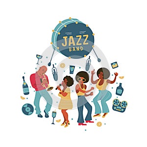 Retro party. Vector poster. Retro style illustration. Music and dance in retro style. Jazz musicians and dancers.