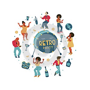 Retro party. Vector poster. Retro style illustration. Music and dance in retro style. Jazz musicians and dancers.