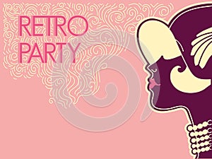 Retro party postcard with portrait woman silhouette with vintage hat and accessories. Vector illustration of retro flapper woman