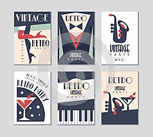 Retro Party Poster and Invitation Cards with Cocktail in Glass and Jazz Musical Instruments Vector Set