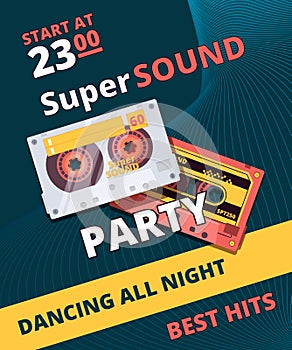 Retro party poster. Music night 90s dance time audio tape cassette vector placard design