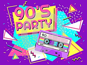 Retro party poster. Nineties music, vintage tape cassette banner and 90s style vector background illustration