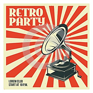 Retro party poster template with old gramophone. Vector vintage illustration.