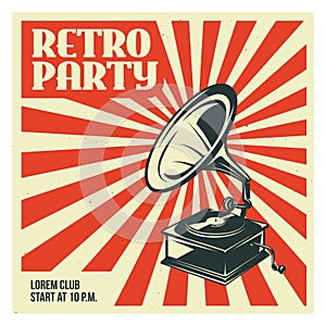 Retro party poster template with old gramophone. Vector vintage illustration. photo