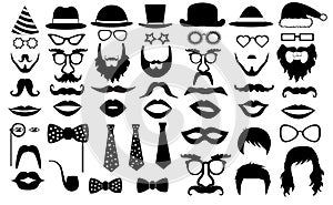 Retro party set. glasses, hats, lips, mustaches, tie, beard, monocle, icons. vector illustration silhouette photo