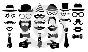 Retro party set. Glasses hats lips mustaches tie monocle icons. vector illustration. photo
