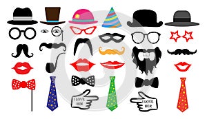 Retro party set. Glasses hats lips mustaches tie monocle. Isolated vector. photo