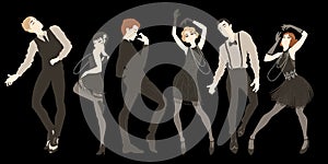 Retro party set, men and women dressed in 1920s style dancing, flapper girls, handsome guys in vintage suits, twenties, vector