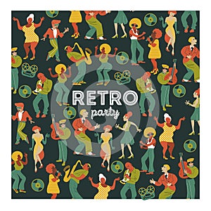 Retro party. Vector poster. Retro style illustration. Music and dance in retro style. Jazz musicians and dancers.