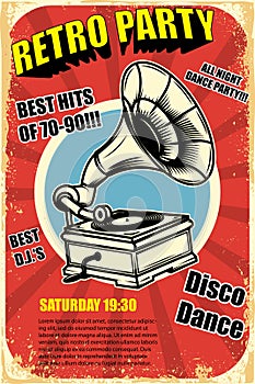Retro party. Vintage gramophone on grunge background. Design elements for poster.