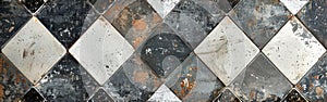 Retro Patchwork Chessboard Wall: Gray & White Lozenge Tiles on Concrete - Seamless Vintage Texture
