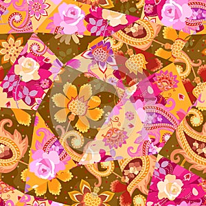 Retro patchwork pattern in ethnic style with paisley and flowers. Vector seamless pattern