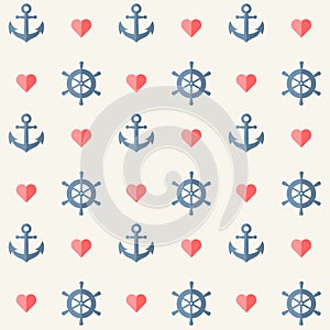 Retro pattern - anchors, ship wheels and hearts