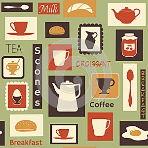 Retro pattern with kitchen dishes for breakfast photo