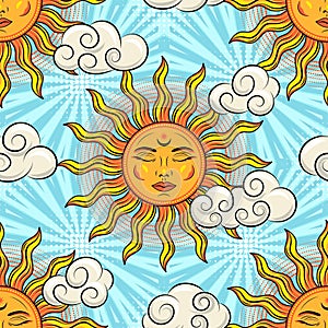 Retro pattern with sun with face, clouds