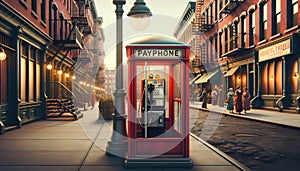 A retro payphone booth in a nostalgic urban setting