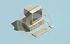 Retro pc with mouse and keyboard. isometric view. 3d rendering