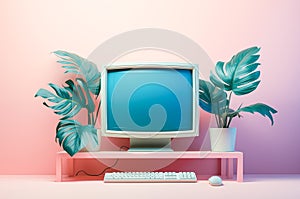 Retro PC screen with monstera plants. Past and future contrasting background.