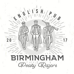 Retro peaky logo. Men in hats with blinders illustration. Gangsters vintage poster. English pub insignia. Birmingham