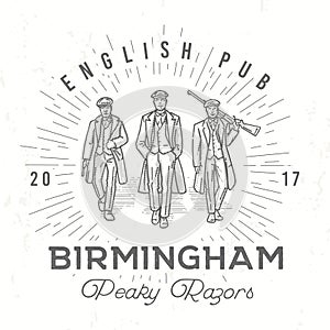 Retro peaky logo. Men in hats with blinders illustration. Gangsters vintage poster. English pub insignia. Birmingham photo