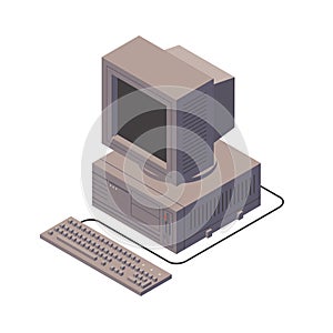 Retro personal computer. Old PC with display, keyboard. Isometric vector illustration.