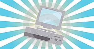 Retro personal computer, pc old vintage hipster for geeks from 70s, 80s, 90s on blue rays background