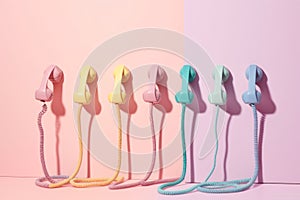 Retro phones in different pastel colors in row over pink background. Generative AI