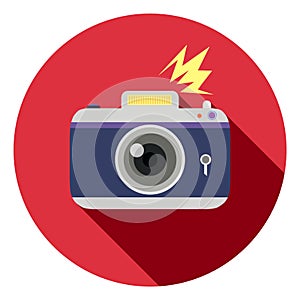 Retro photo camera icon. Vintage photo camera on a red background. Vector illustration.