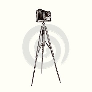 Retro photo camera on tripod, hand drawn doodle, drawing in gravure style, sketch illustration