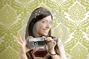 Retro photo camera woman green sixties wallpaper