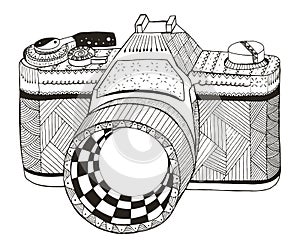 Retro photo camera. Zentangle stylized. Vintage camera. Freehand