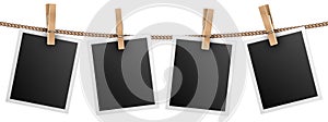 Retro photo frames hanging on rope isolated on white background vector illustration