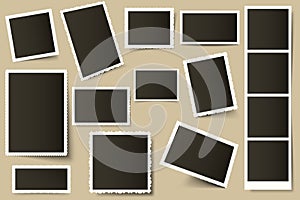 Retro photo frames. Vintage border template, old photos and paper photo frames with realistic shadows vector set. 3d