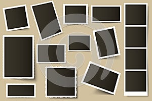 Retro photo frames. Vintage border template, old photos and paper photo frames with realistic shadows vector set. 3d photo