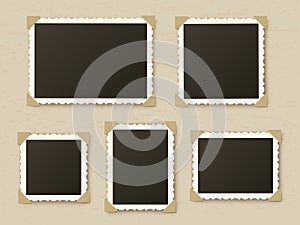 Retro photo frames. Vintage paper picture frame template for nostalgia scrapbook. Retro photos borders in album corners